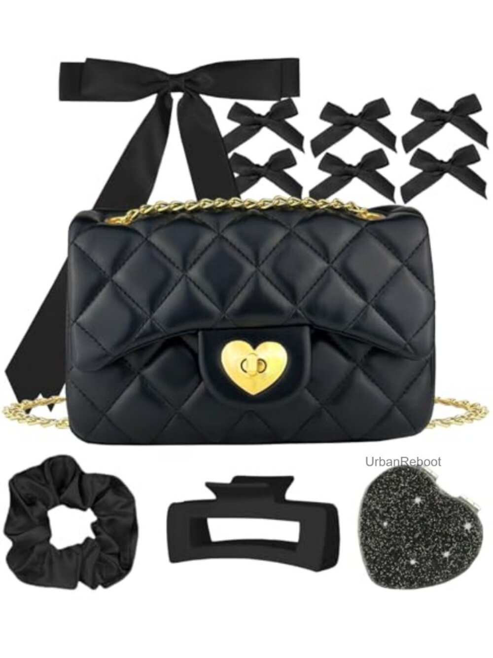Quilted Crossbody Purse Detachable Chain Strap Vegan PU Leather Heart Lock